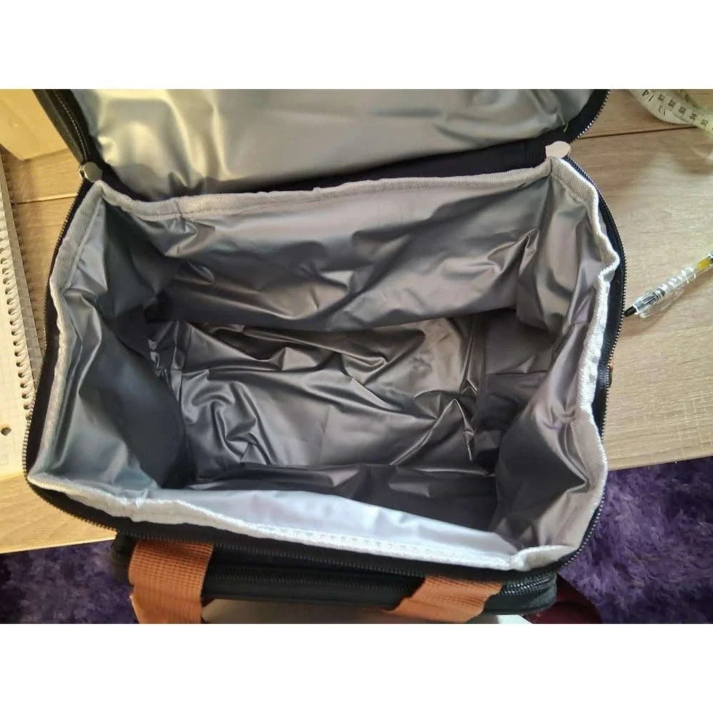 Black Insulated Lunch Bag‎ Dual Compartment Cooler Tote with Brown Handles